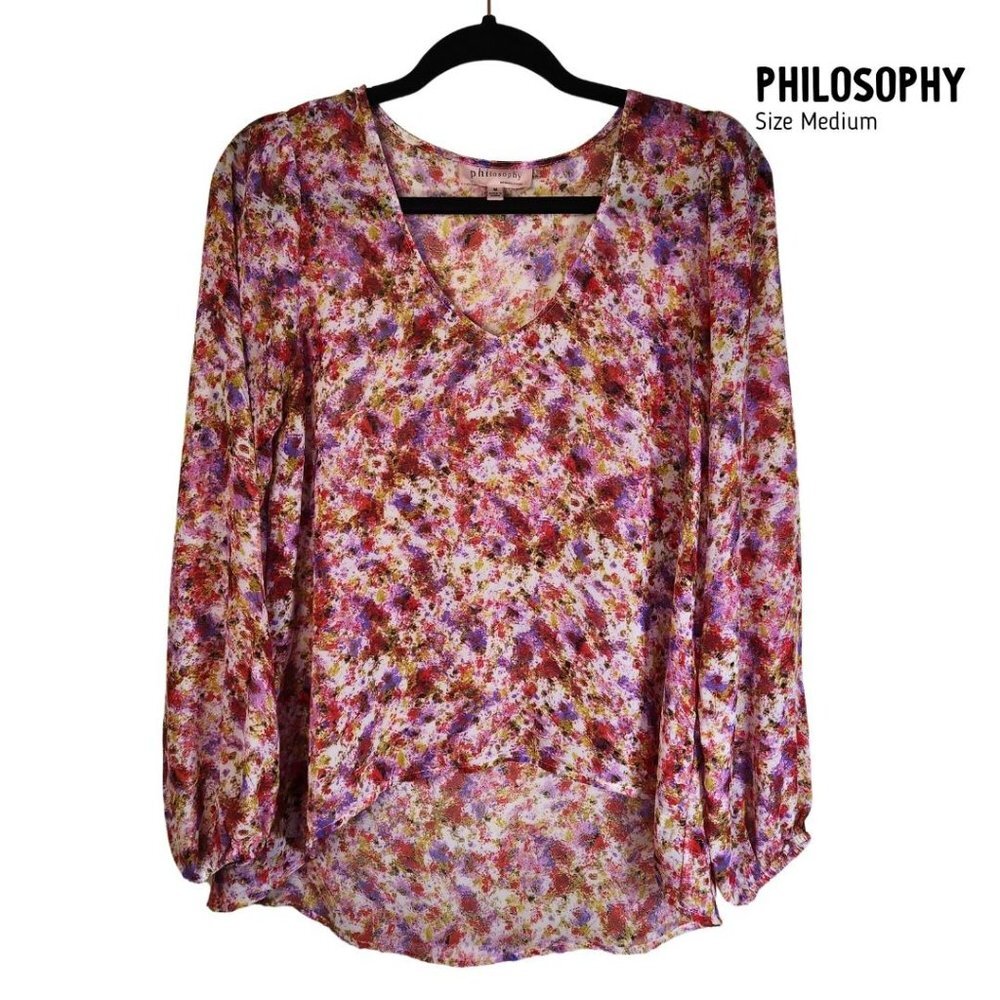 PHILOSOPHY Floral Sheer Blouse SZ M Ditzy Flower Print High-Low Watercolor Sunse